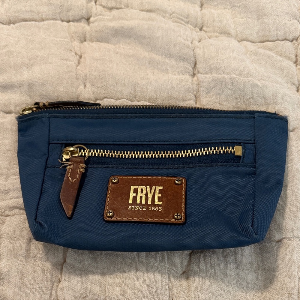 Frye Navy Pouch with Front Zipper leather trim 9” x 4.5” x 2